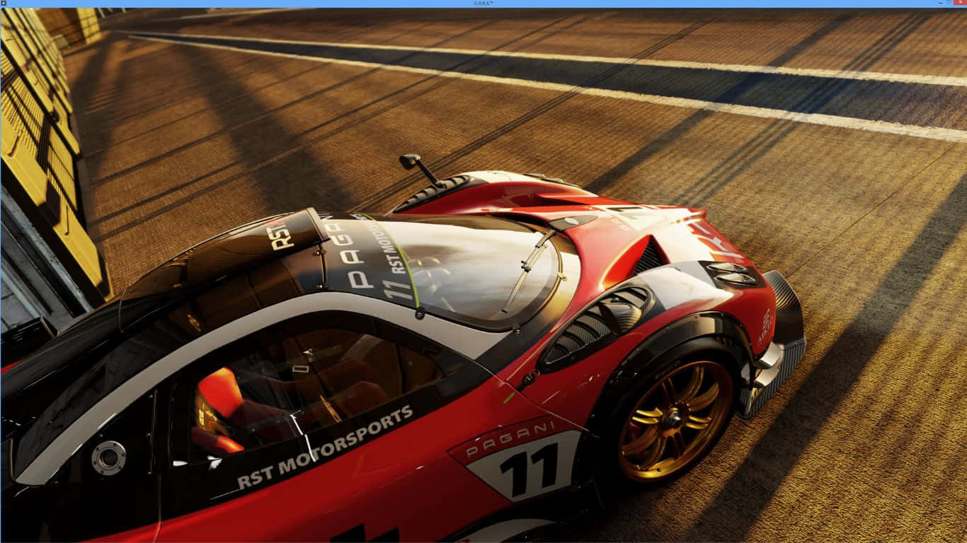 以高速 Project Cars 體驗點燃引擎 壁紙 — 一輛紅色和黑色的 Pagani 賽車，號碼 11，在陽光明媚的賽道上疾馳，投下長長的影子。
