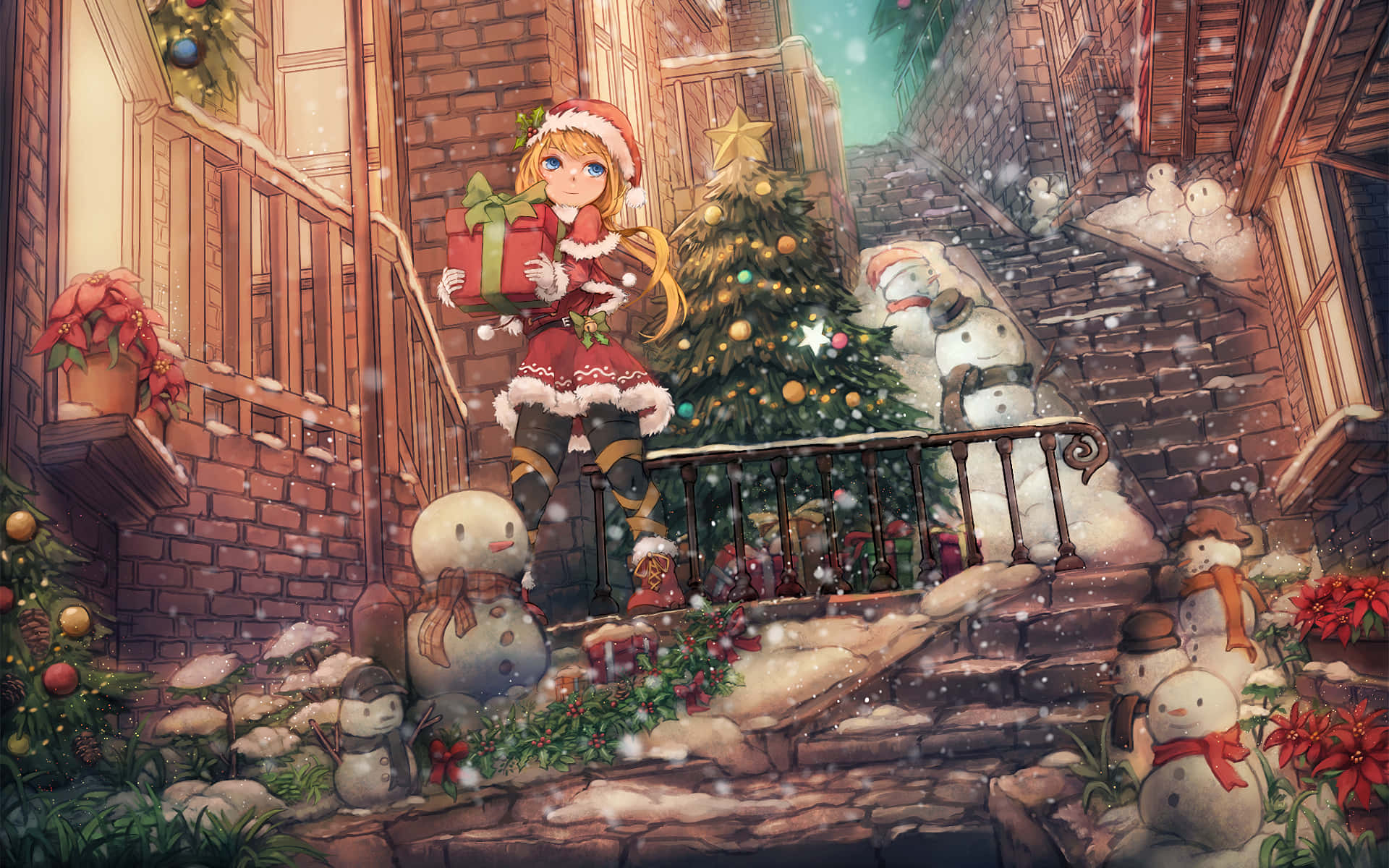 聖誕老人服裝的動漫女孩在雪梯上與雪人和聖誕樹一起拿著禮物。