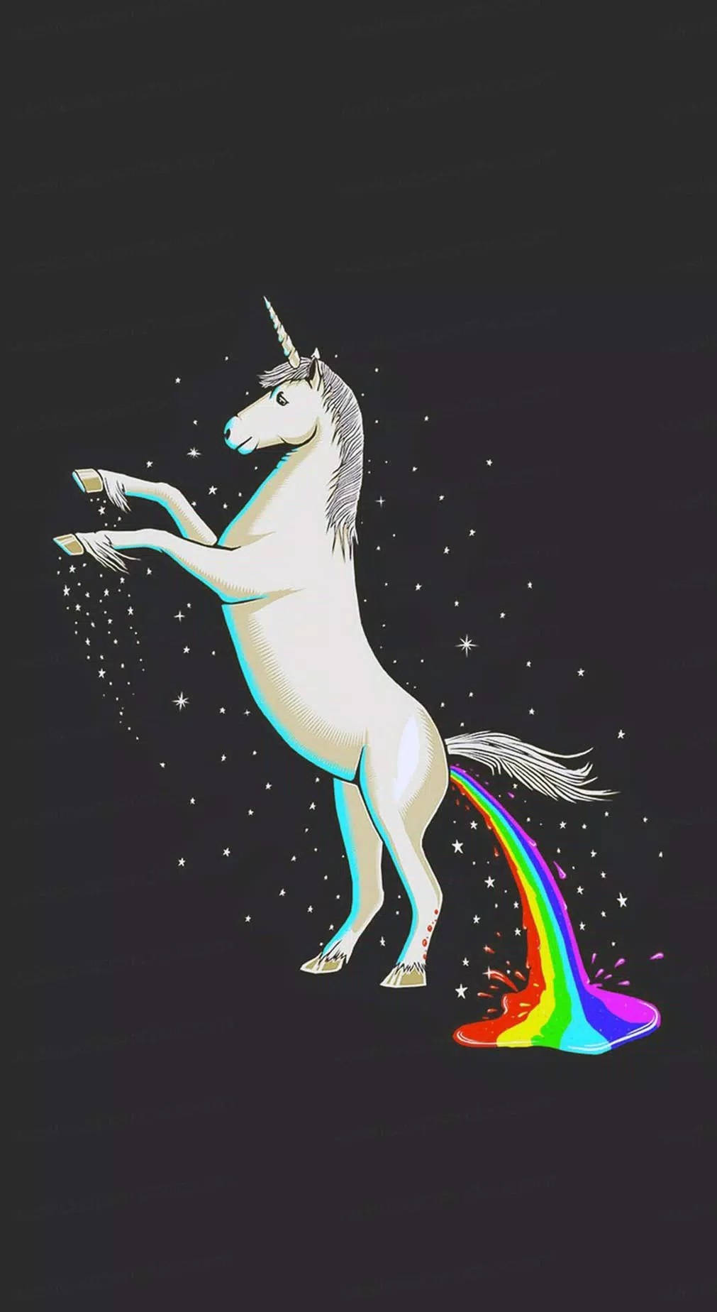 一隻白色獨角獸在黑暗星空背景下留下彩虹糞便痕跡。