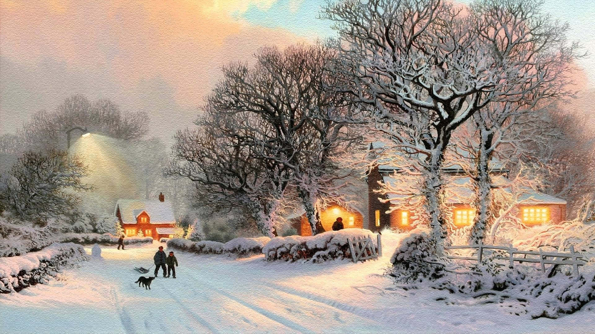 黃昏時分的雪村，發光的小屋和帶著狗散步的人們。