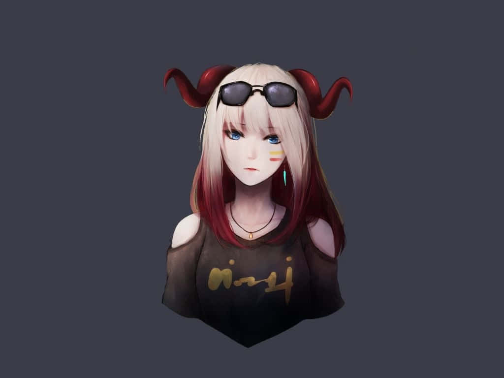 動漫女孩，長著紅色的角和戴著太陽眼鏡，穿著黑色上衣。