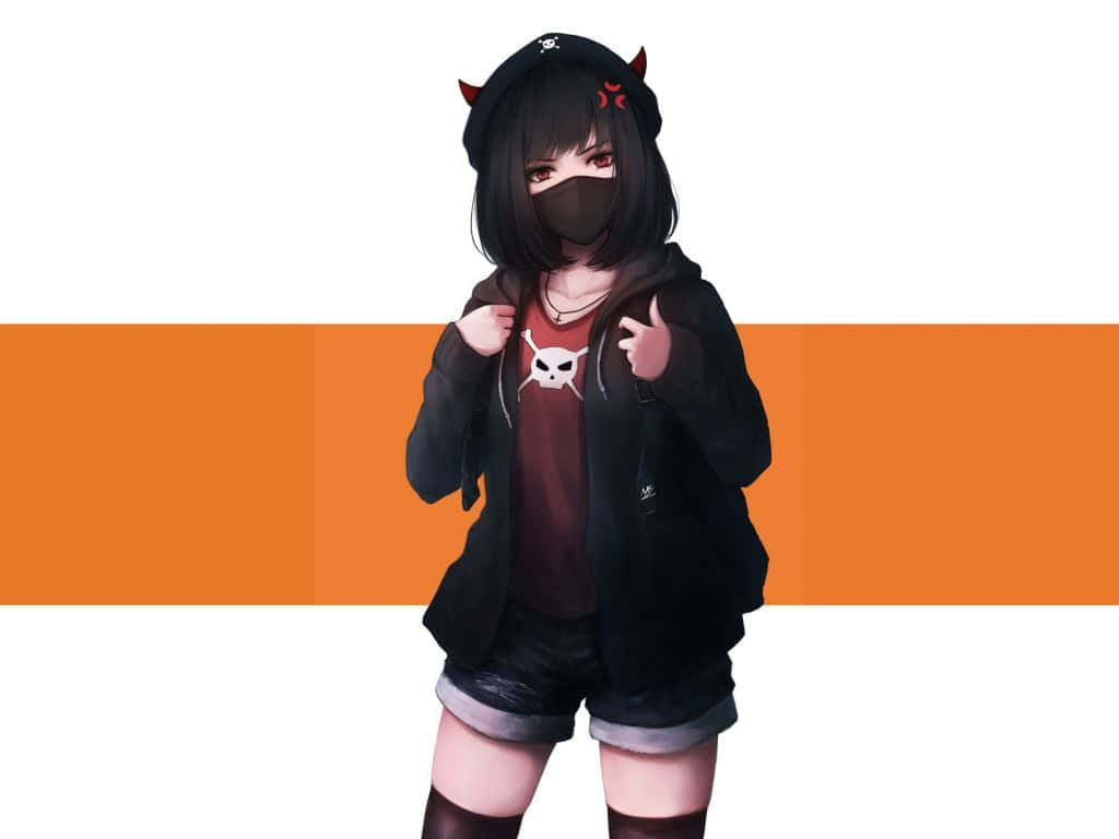 戴著惡魔角和面具的動畫女孩穿著連帽衫和短褲，背景為橙色條紋。
