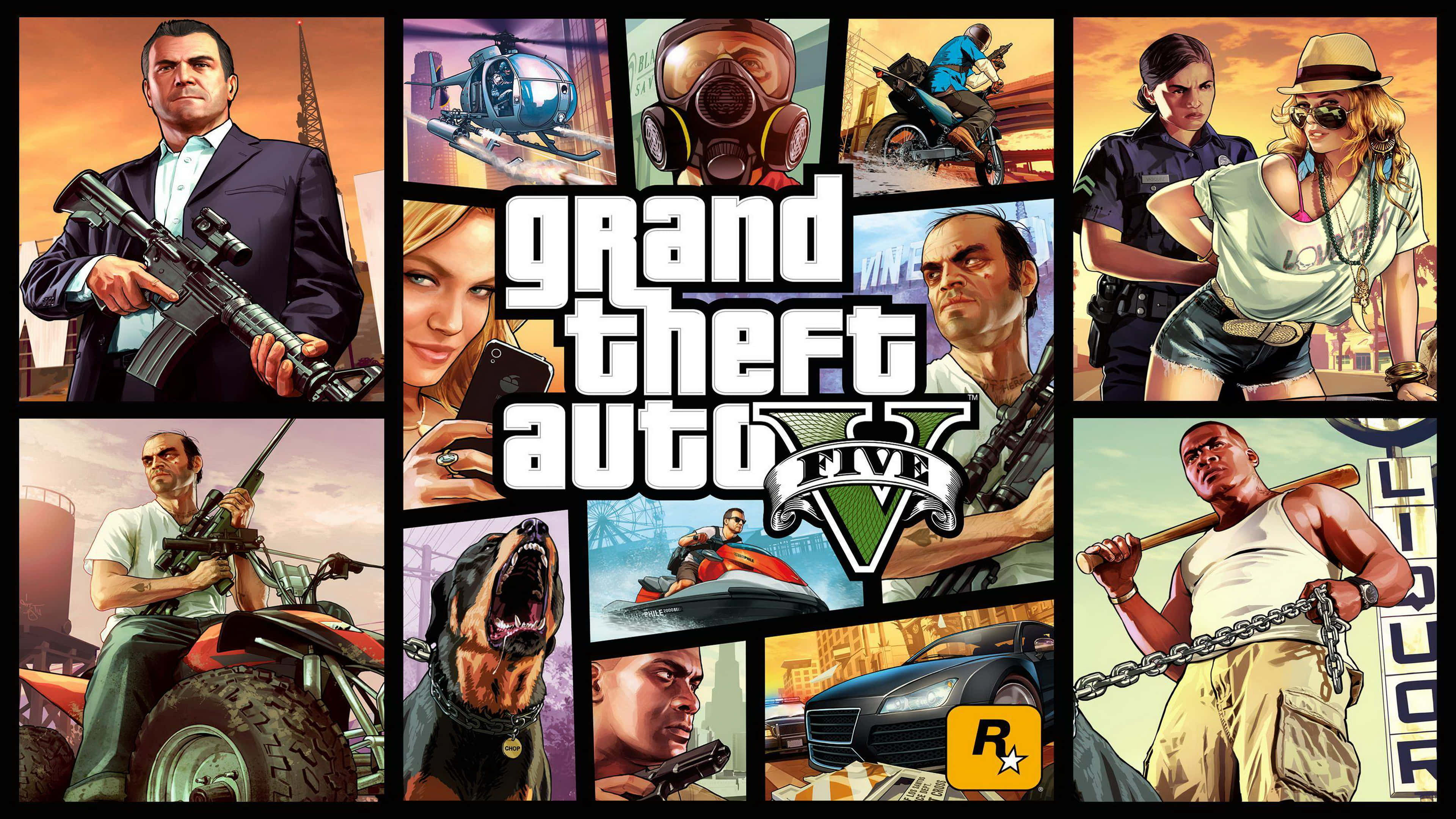 Gta 5 4K 桌布 壁紙 — 以鮮明漫畫風格，將《Grand Theft Auto V》角色與車輛拼貼於城市背景之上。