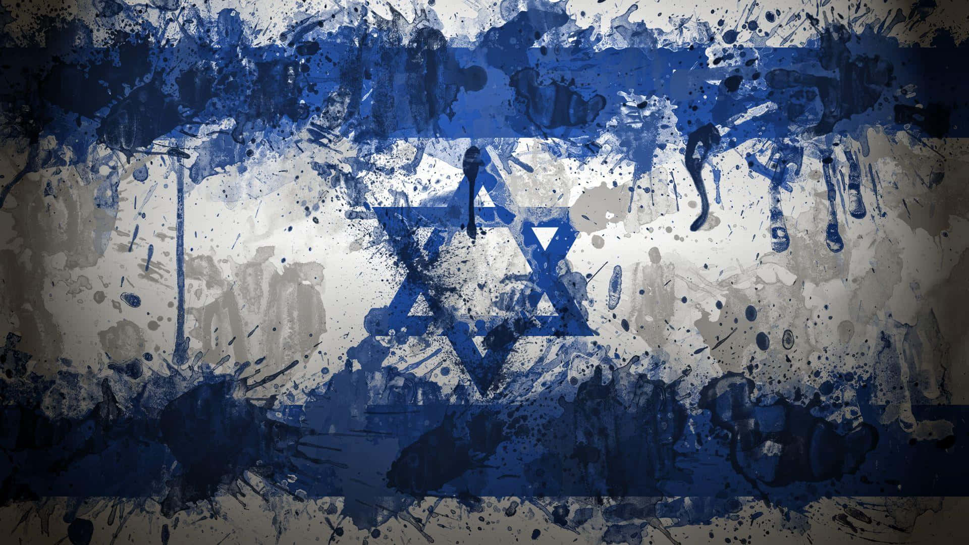 Israel 桌布 壁紙 — 以鮮明的藍色和白色油漆飛濺及紋理頹廢效果呈現的以色列國旗。