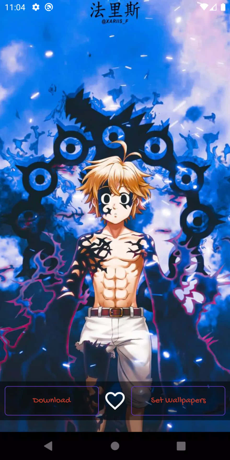 動漫男孩，眼睛發光，帶有紋身，背景是神秘的藍色。