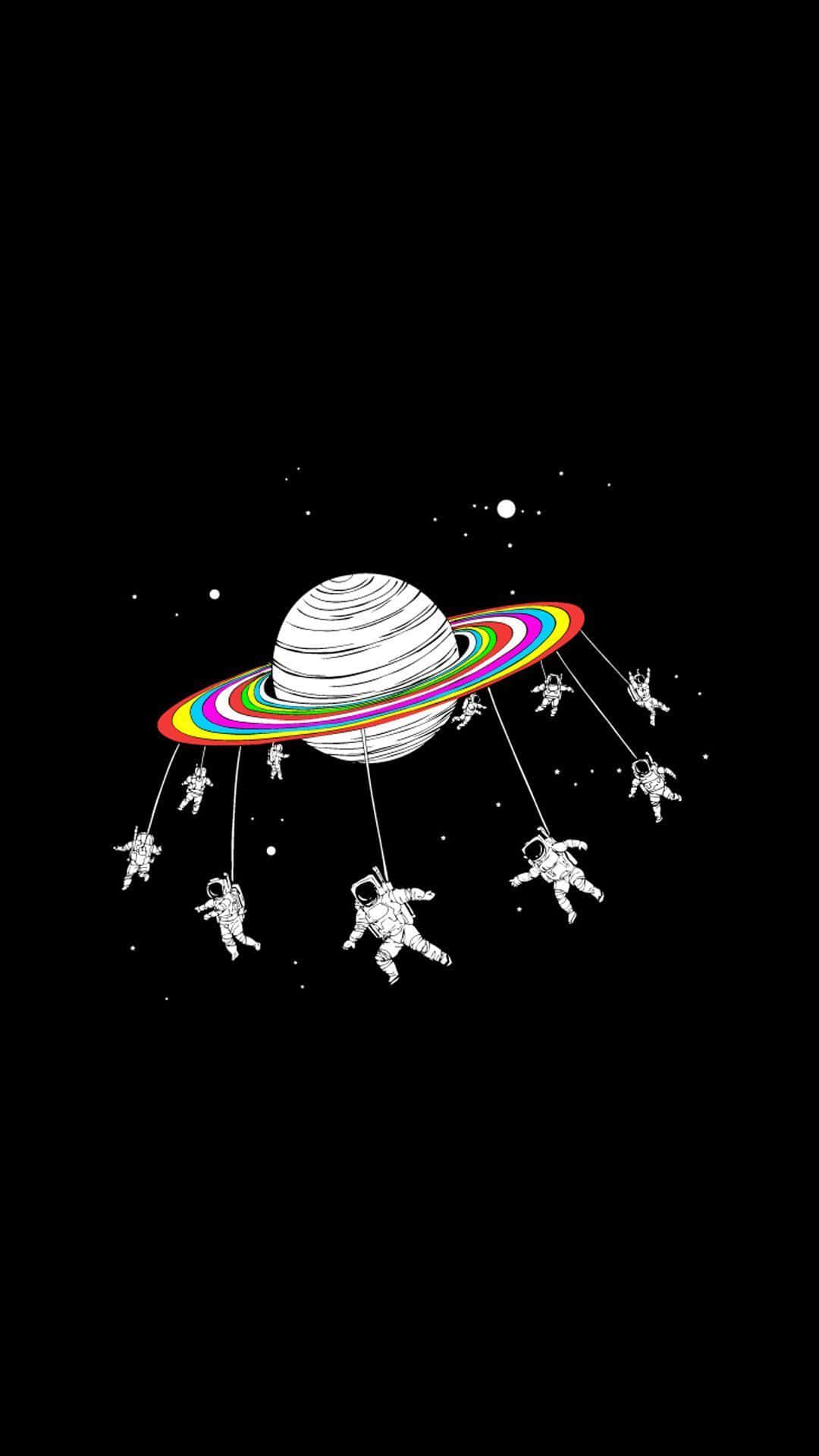 太空人懸掛在太空中的彩虹環行星上。