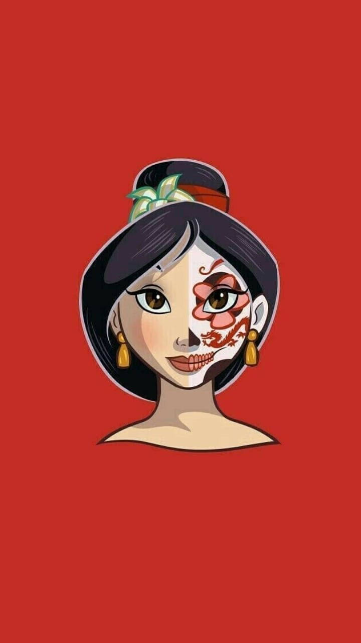 動漫女性半邊臉為糖骷髏在紅色背景上