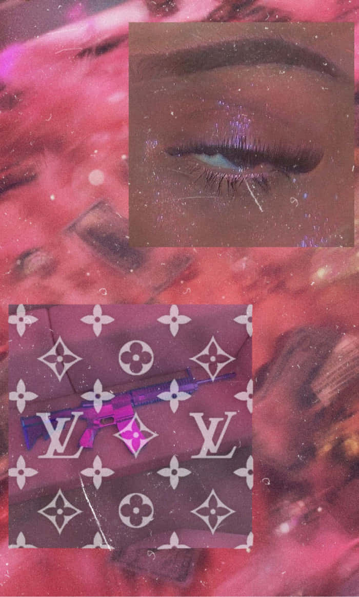在宇宙粉紅背景上，路易威登圖案上的閃爍眼睛和玩具槍。