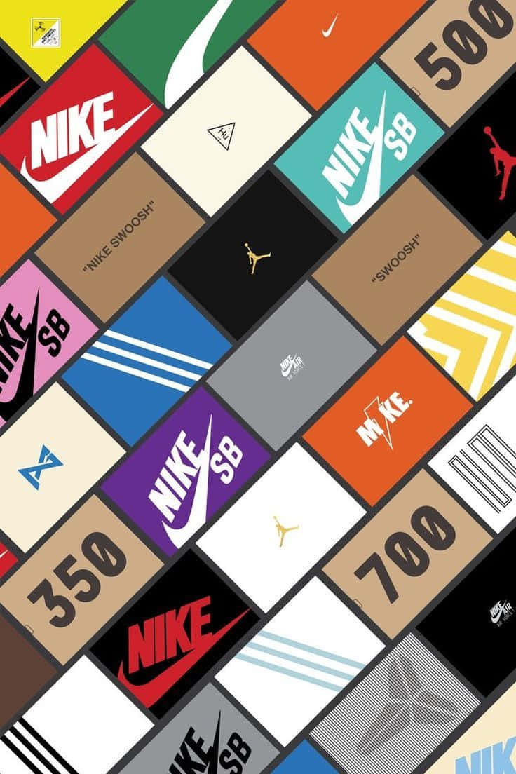 運動鞋 桌布 壁紙 — 以鮮豔色彩和多樣字體呈現的Nike SB和Jordan品牌標誌的幾何拼貼畫。