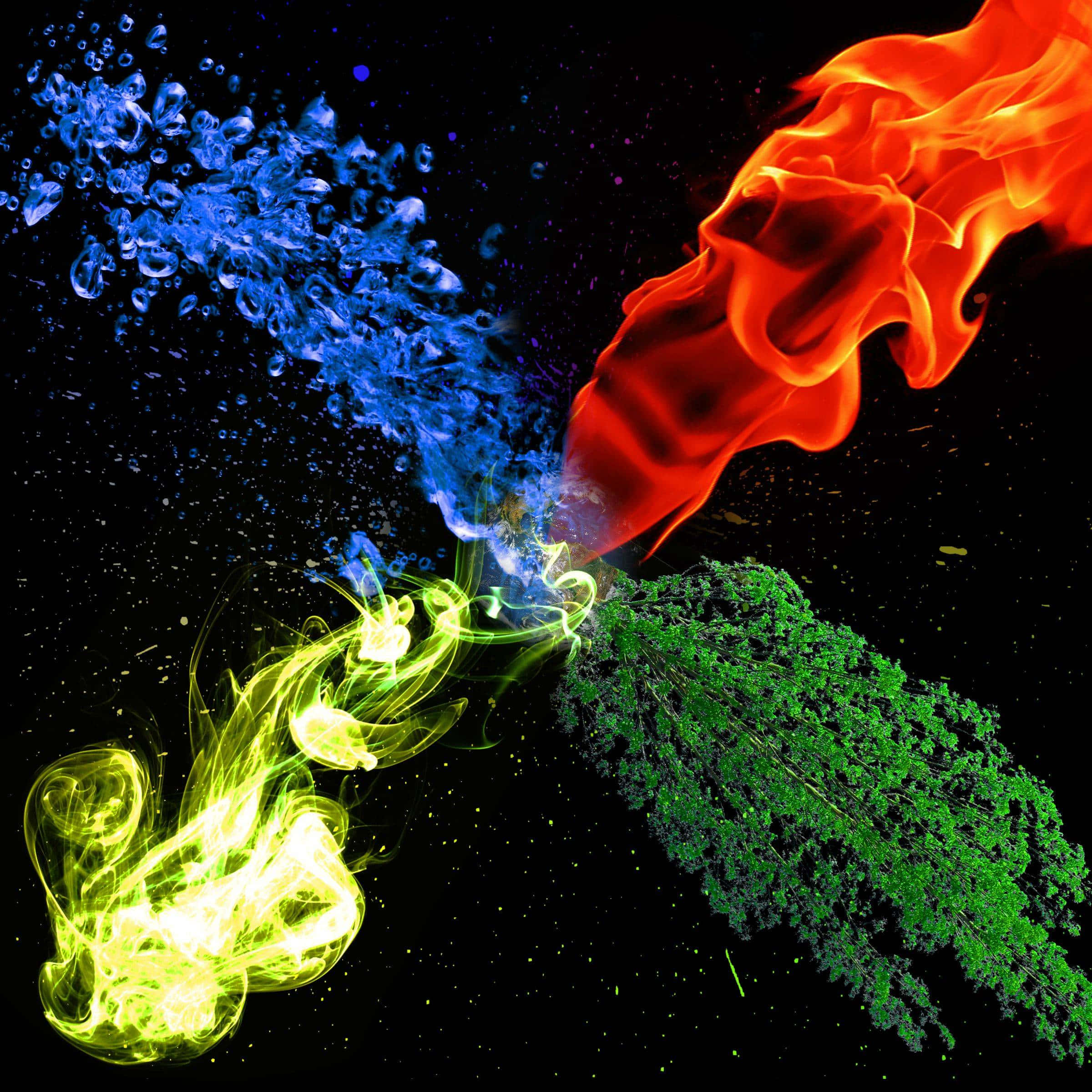 以鮮豔色彩展現您的主螢幕 壁紙 — 藍色水、綠色能量和紅色火焰的鮮豔宇宙流在繁星點點的黑色虛空中碰撞。