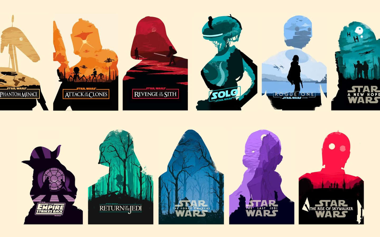 Return Of The Jedi 桌布 壁紙 — 以鮮豔色彩背景襯托的星際大戰角色剪影，每個代表一部電影，下方附有標題文字。