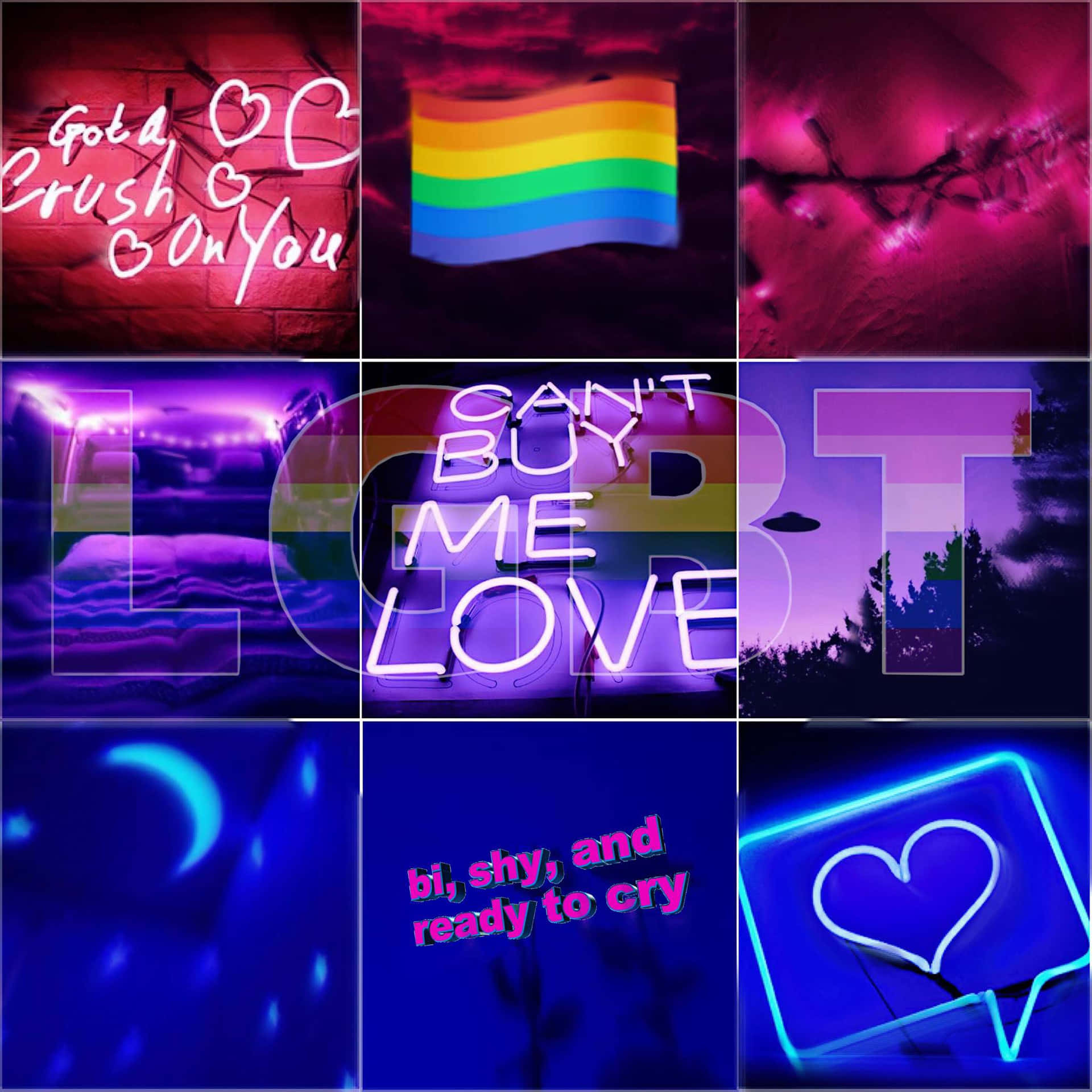 霓虹燈招牌和彩虹旗以發光的紫色和藍色色調展示 LGBTQ+ 愛情信息。