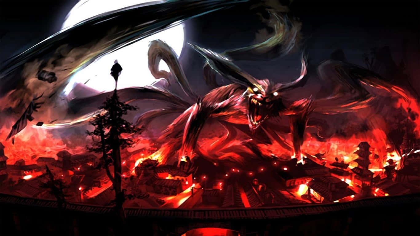 一隻巨大的紅色惡魔在夜間用火和煙摧毀村莊。