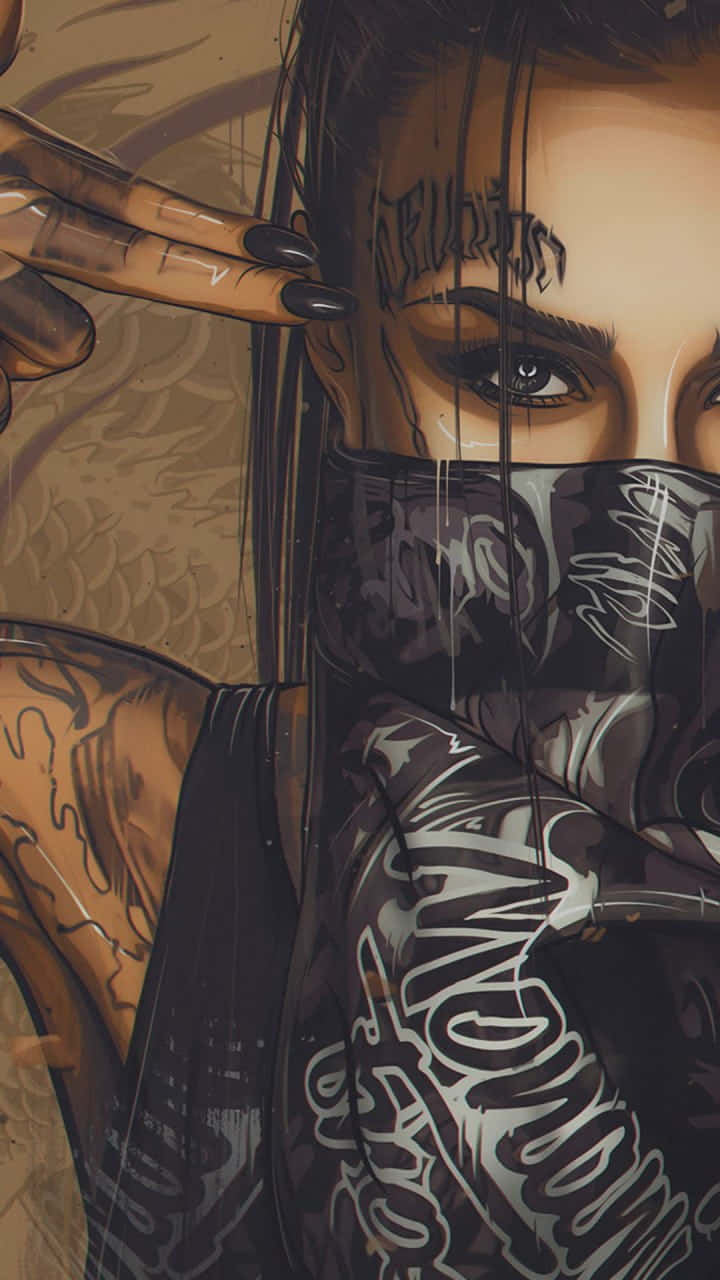 紋身女子戴頭巾，額頭滴墨，粗糙數碼藝術風格。