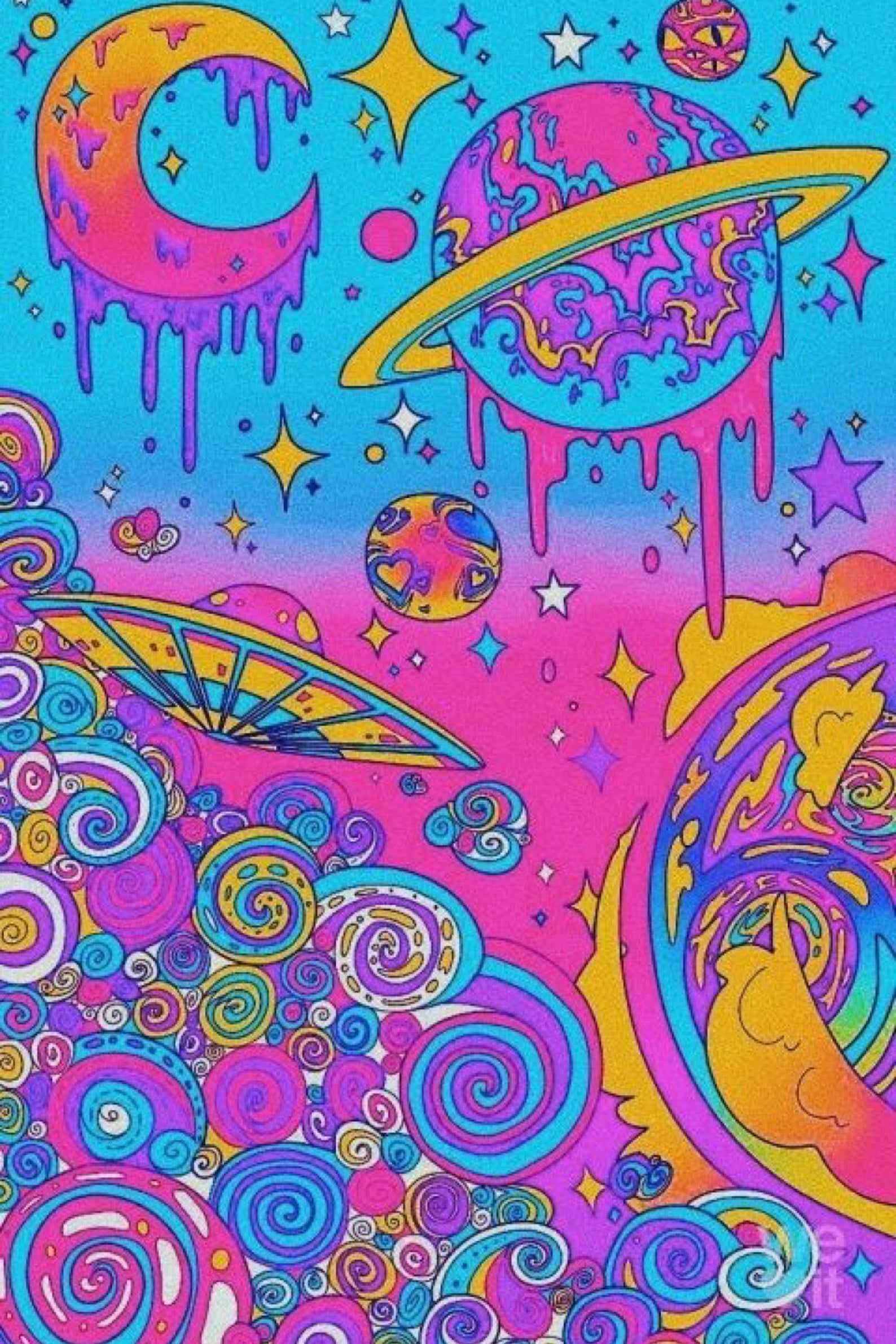 以黑暗迷幻視覺探索潛意識的神秘深淵 壁紙 — 充滿活力的迷幻太空場景，有滴落的行星、星星和旋轉的宇宙圖案，以霓虹粉紅、藍色和黃色呈現。