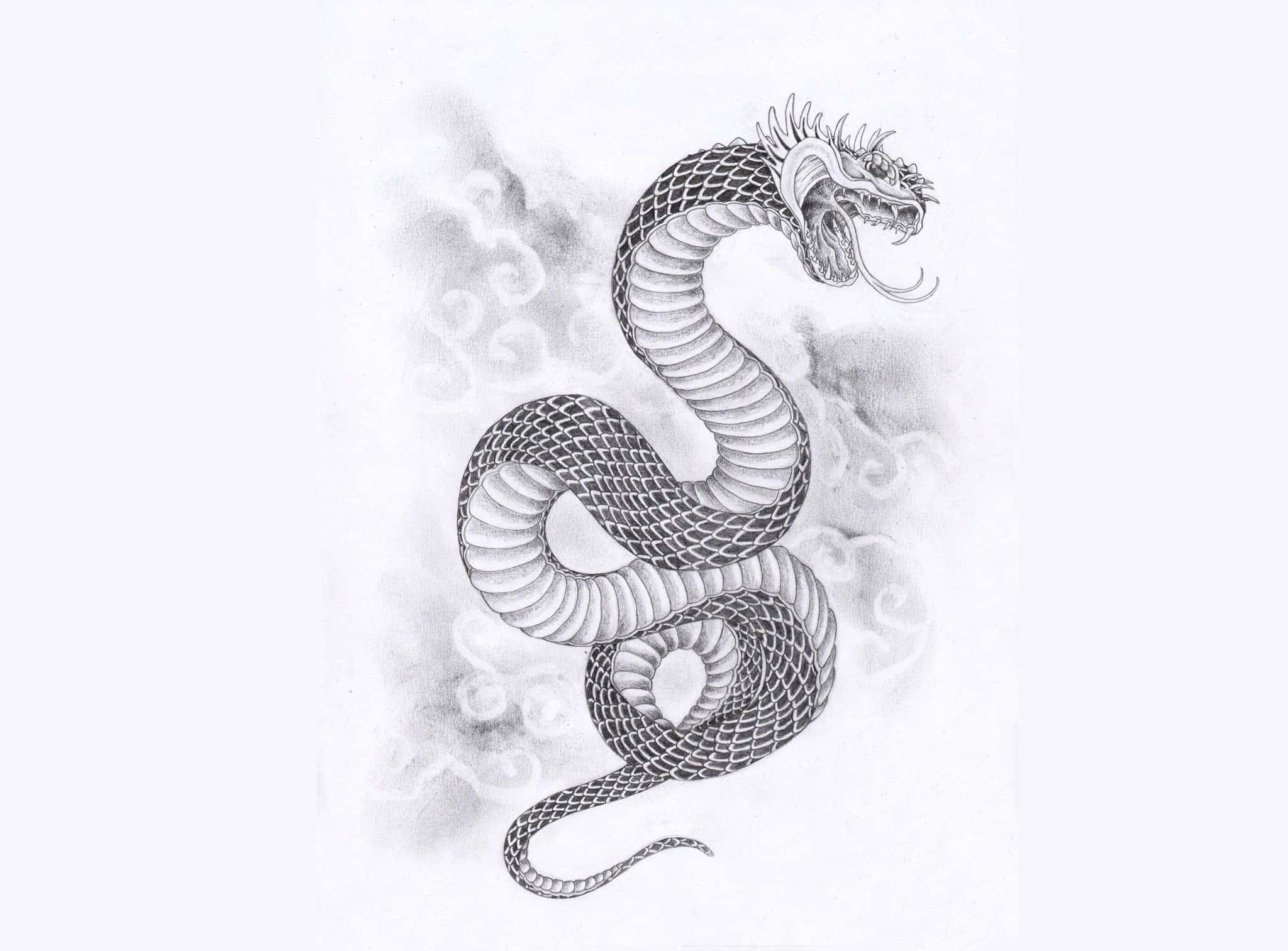 以黑紅強烈色調的日本紋身藝術 壁紙 — 一幅詳細的黑白插圖，描繪一條盤繞的龍，張開嘴巴，背後有流動的雲。