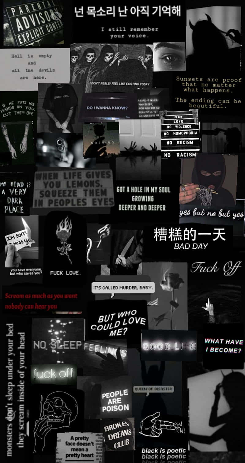 表達焦慮和反叛的黑白文字迷因的黑暗拼貼畫。