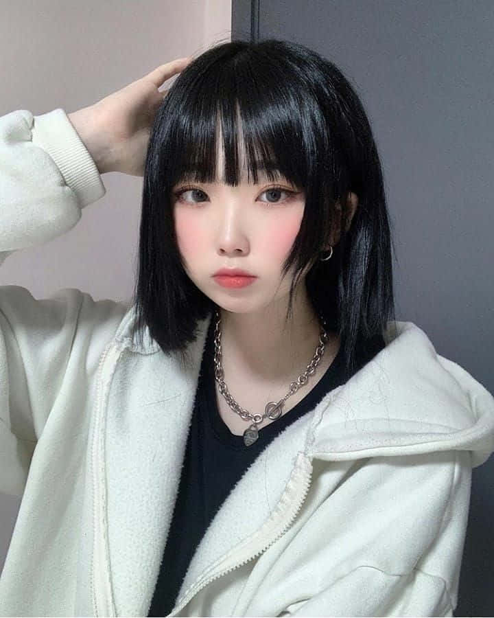 留著黑色鮑伯頭的年輕女性，在室內穿著奶油色連帽衫和銀色鏈條項鍊。