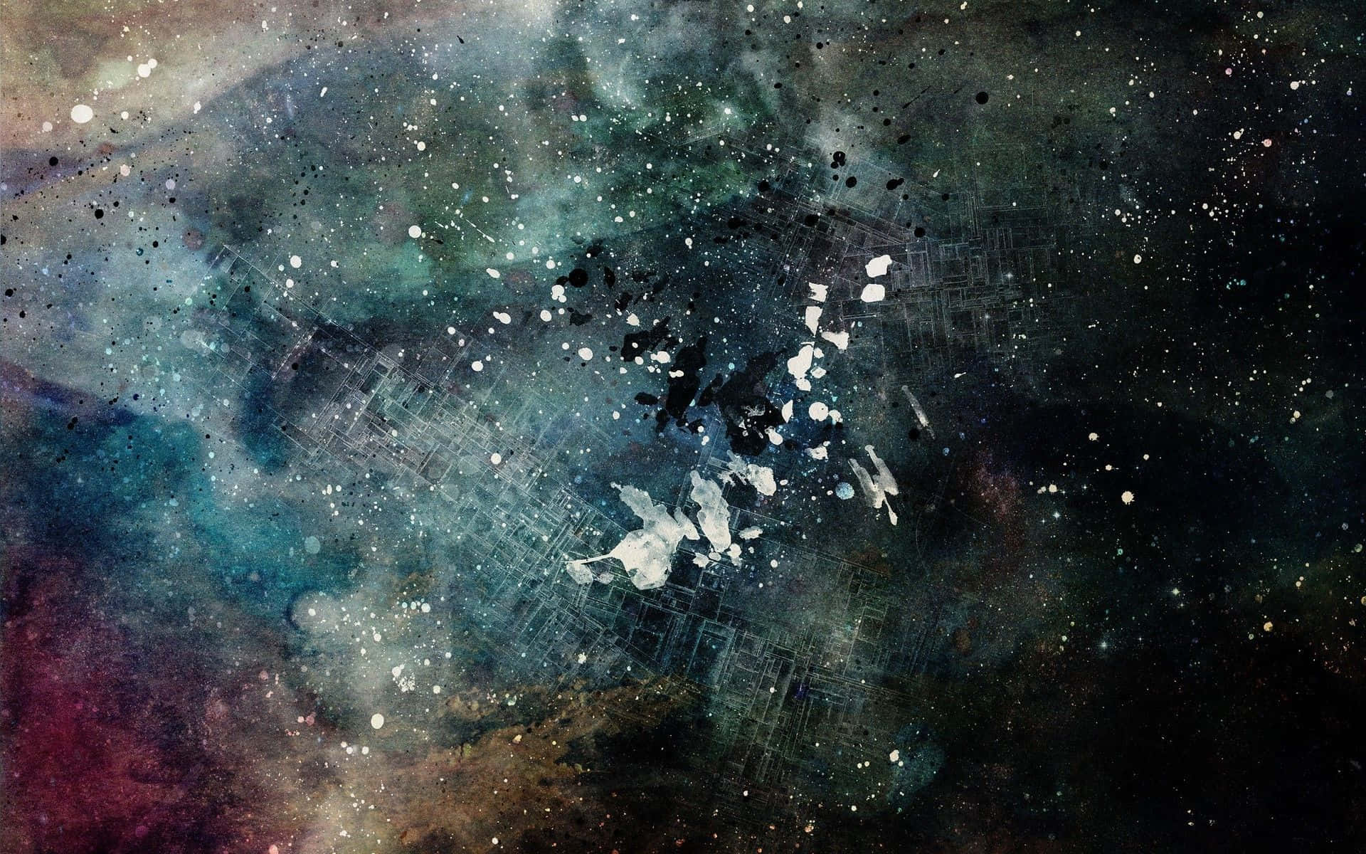 宇宙星雲，帶有青綠色洋紅色漩渦和白色油漆飛濺，覆蓋在星空網格上。
