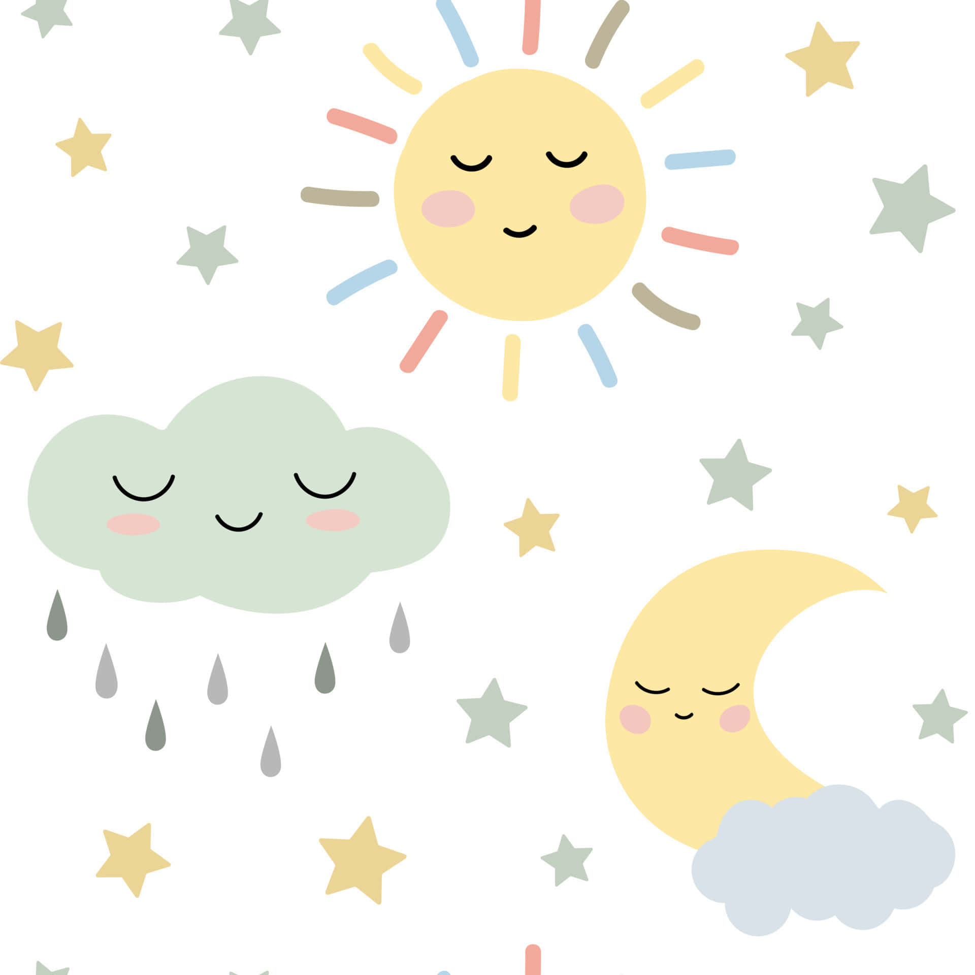 微笑的太陽、月亮和雲朵，在有趣的天空場景中與星星一起。