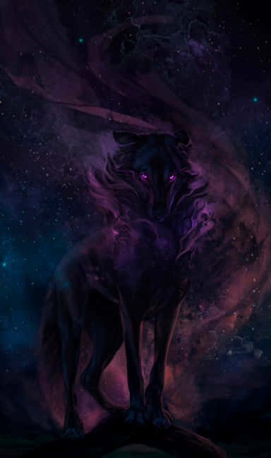 一隻神秘的眼睛發光的狼，站在充滿星星的宇宙星雲中。 — 銀河狼 壁紙