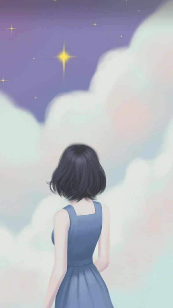 仰望夜空的動漫美少女圖片 壁紙 — 一個穿著藍色連衣裙的女孩在暮色天空下，透過柔和的粉彩雲朵仰望閃爍的星星。