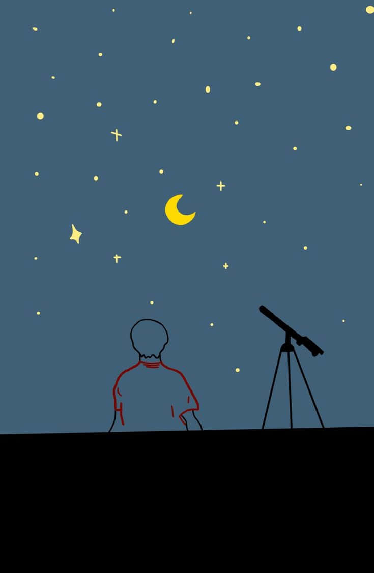 仰望夜空的美麗 壁紙 — 一個孤獨的身影穿著紅色襯衫，仰望星空，旁邊有一彎新月和望遠鏡。