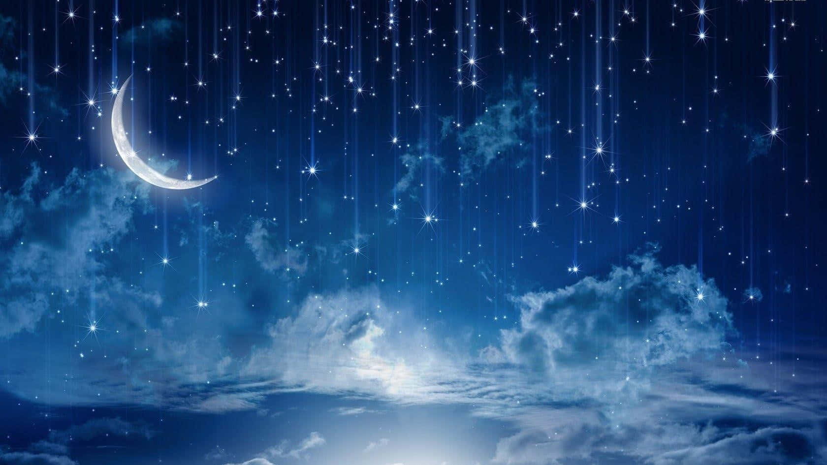 新月和流星在夢幻的夜空與雲朵中。