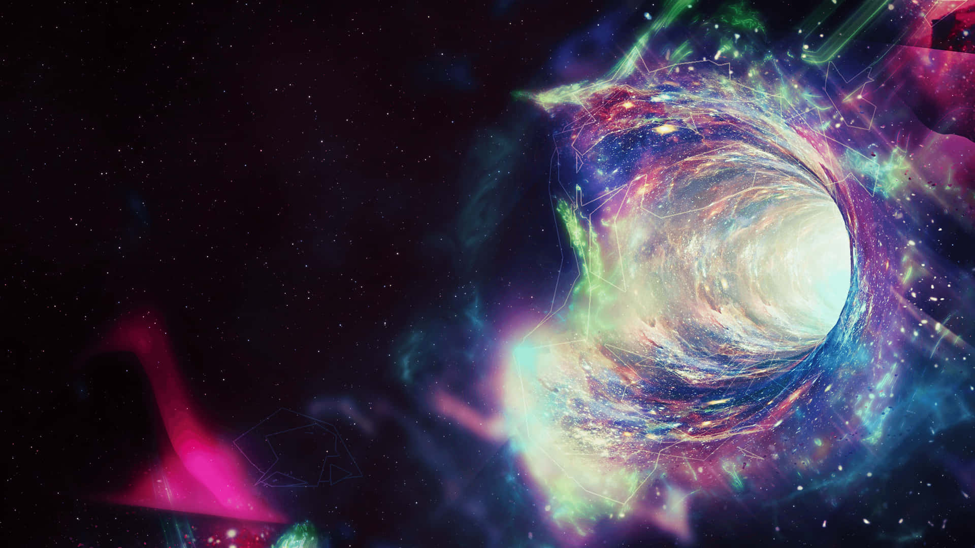 深空中閃爍星雲和星星組成的鮮豔宇宙隧道。