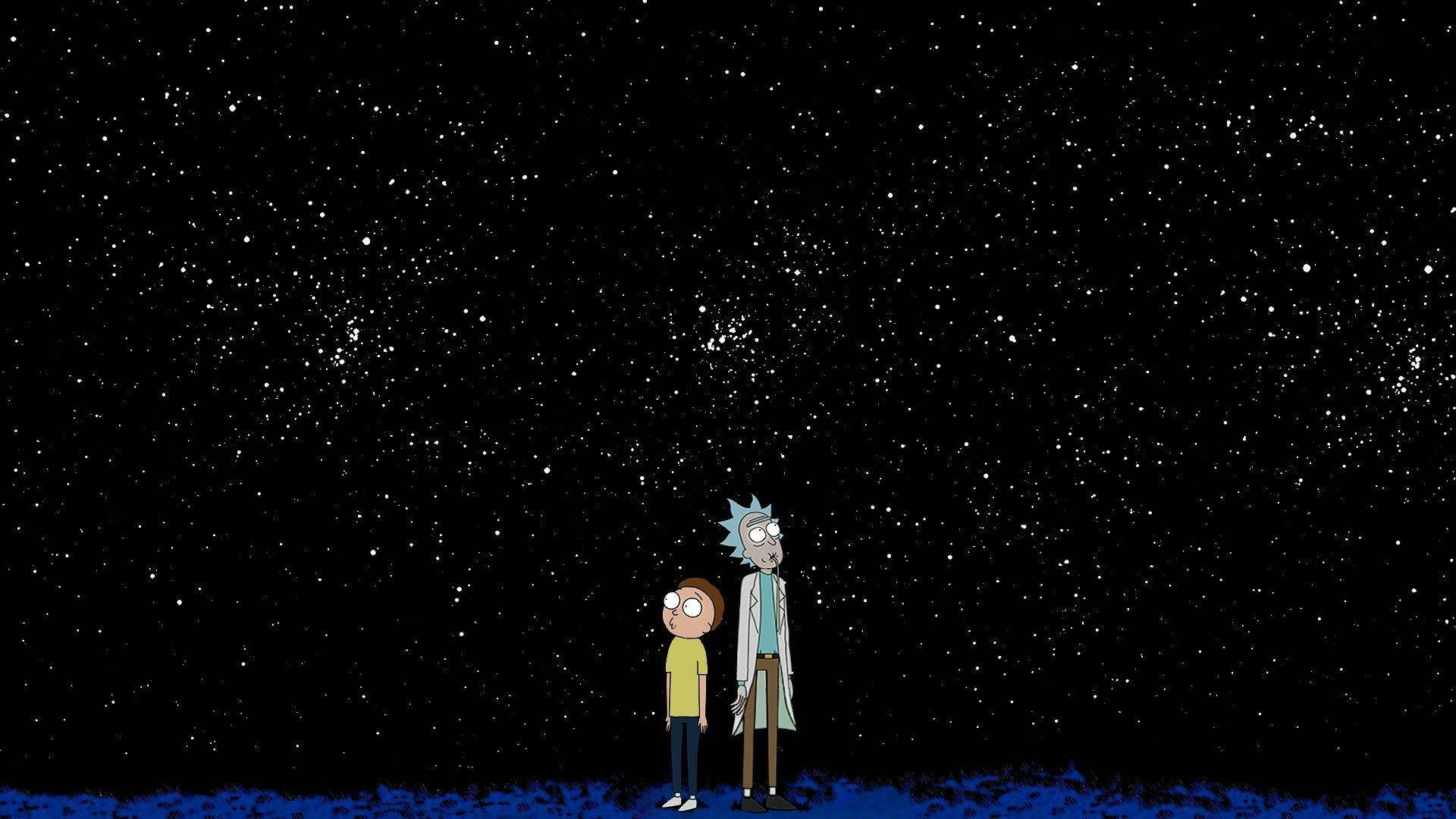 仰望星空瑞克與莫蒂4K 壁紙 — 兩個動畫角色站在藍色表面上，仰望廣闊的星空。