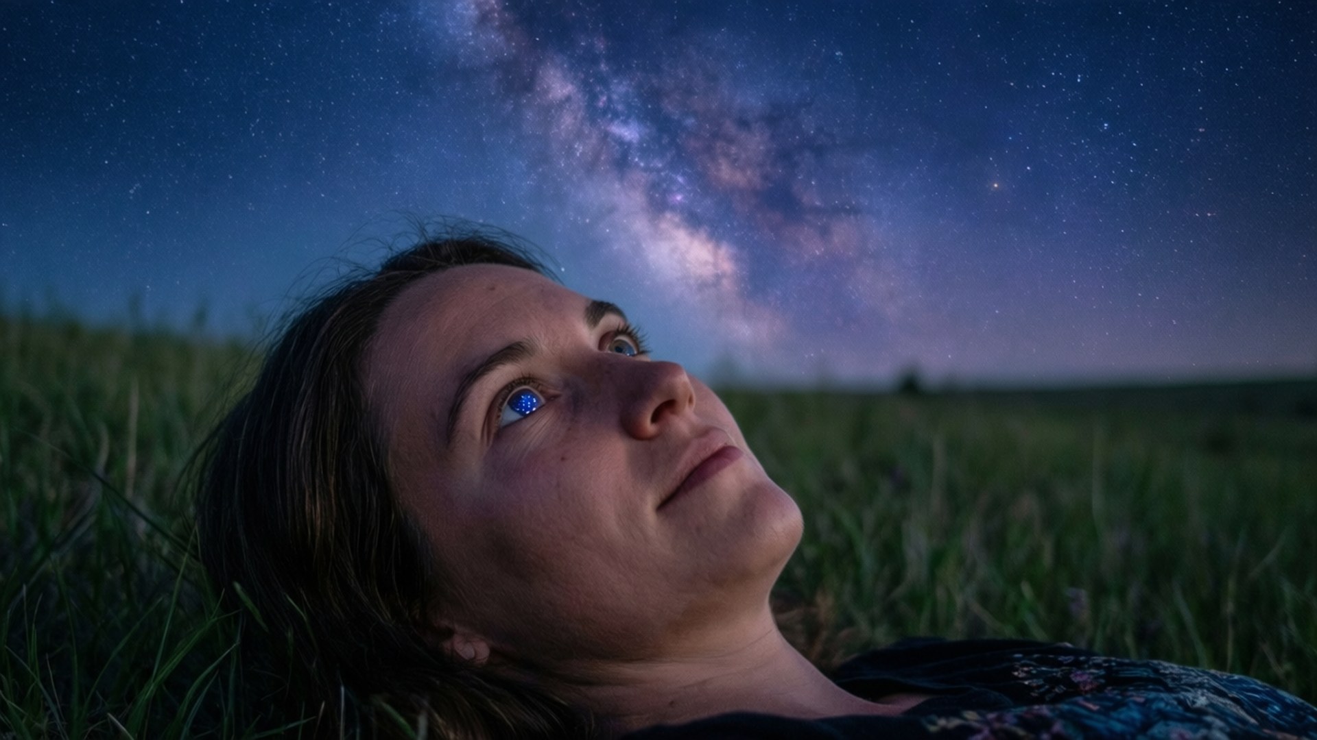 女子躺在草地上仰望銀河星辰
