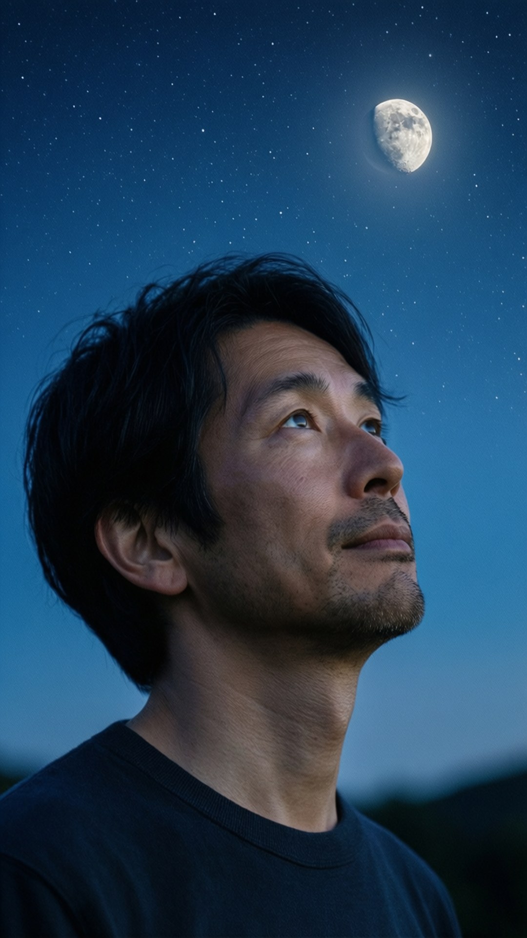 男人在星空下仰望月亮