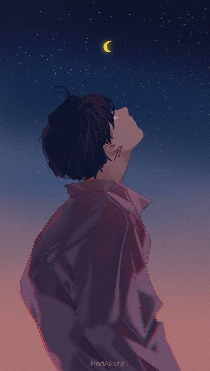 身穿紫色外套的年輕男子仰望新月和星星。 — 動漫男孩 壁紙
