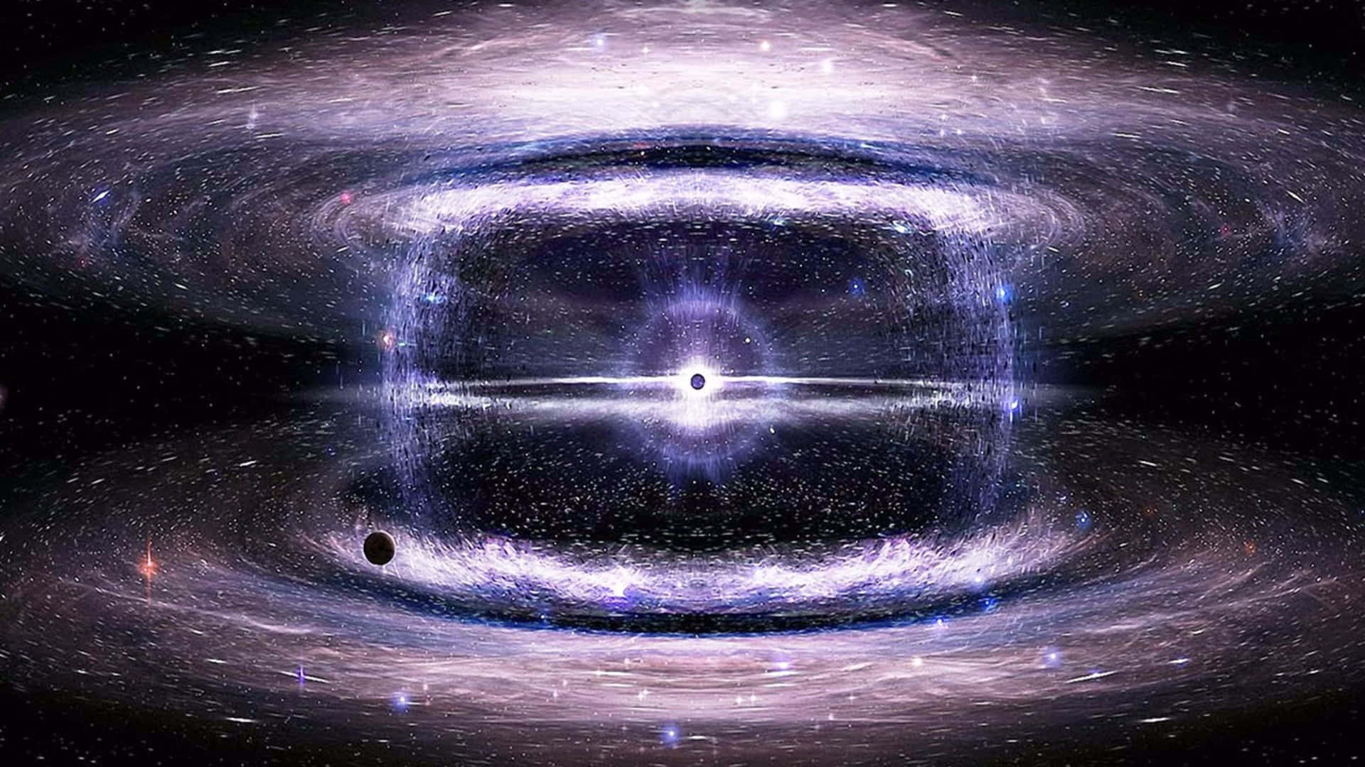 黑洞被發光的吸積盤和旋轉的紫色星雲包圍。