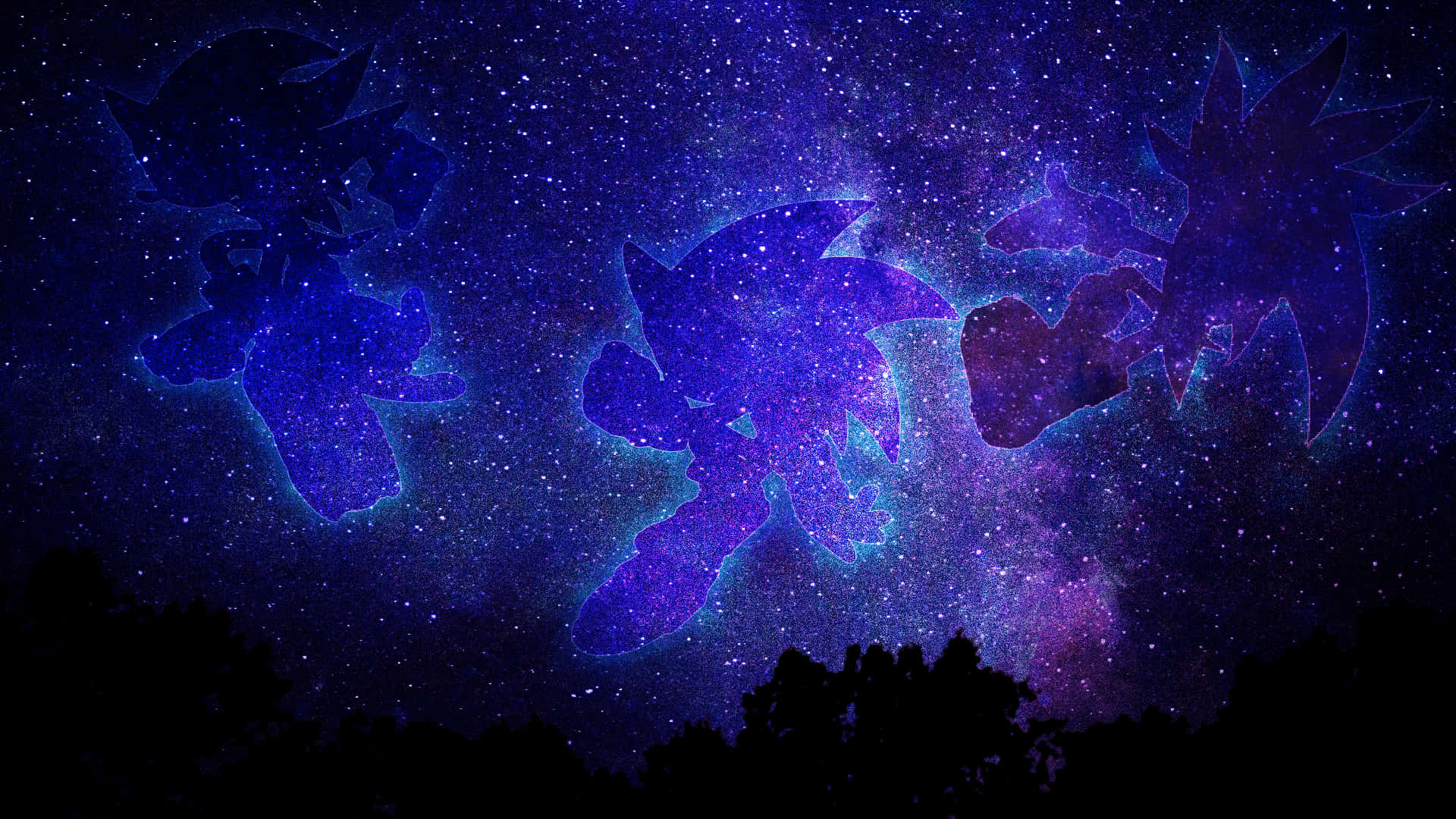 超音鼠的剪影在星空紫色夜空中飛過森林上方。
