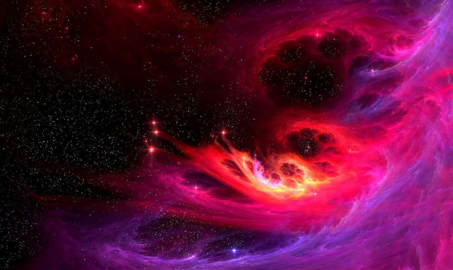 充滿活力的宇宙星雲，在星空背景下有旋轉的紅色、紫色和粉紅色雲層。