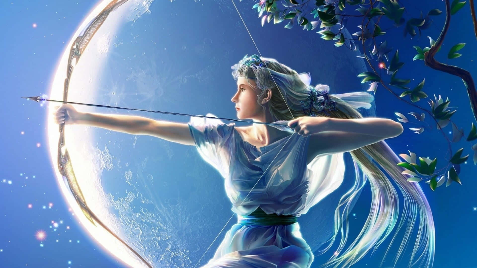 女神弓箭手瞄準發光的月亮，背景是星空和樹枝。