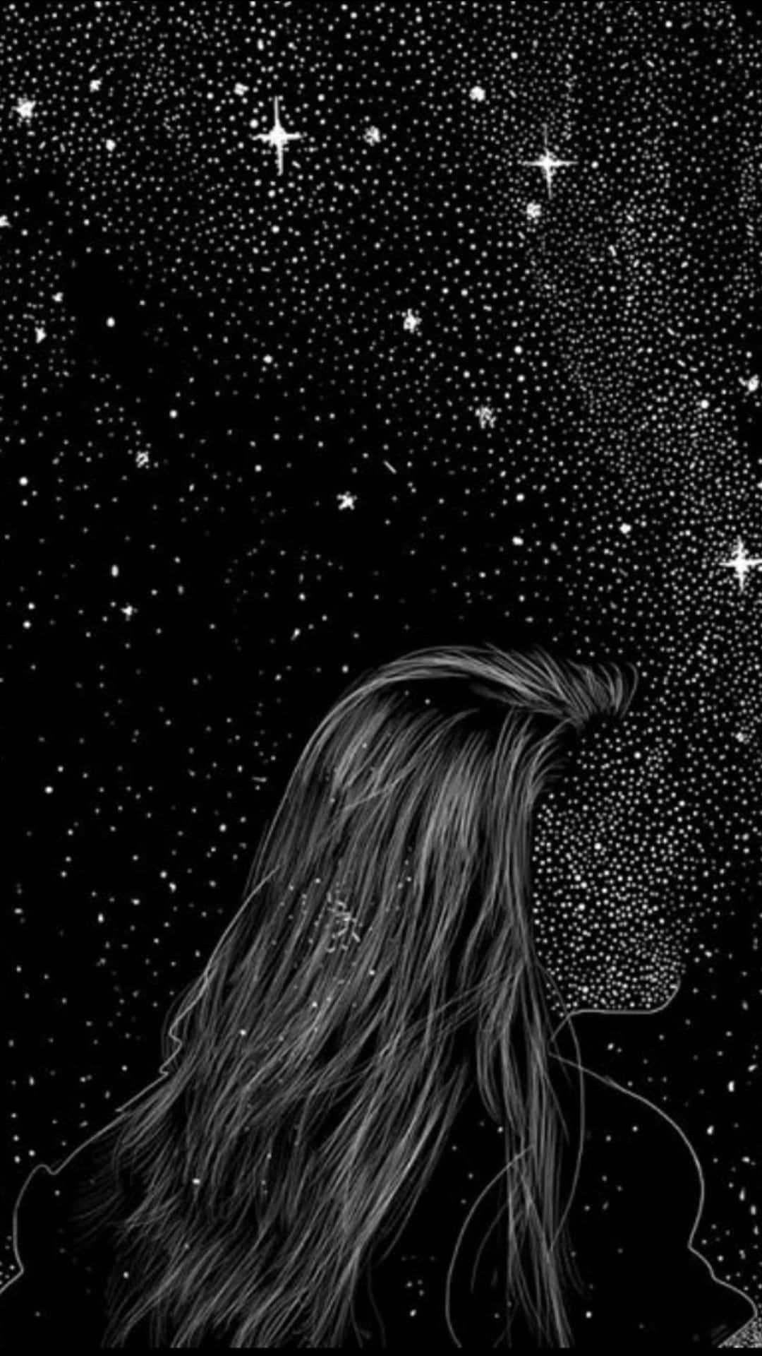 長髮女孩仰望星空。