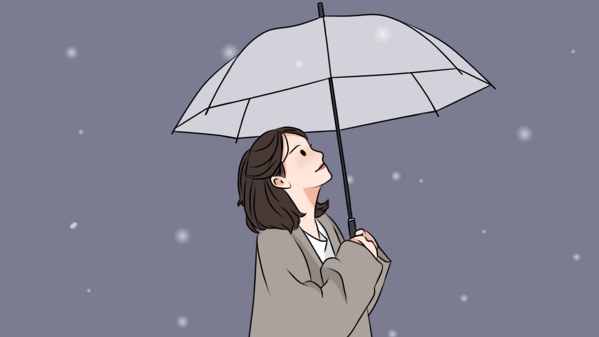 身穿米色外套的女性手持透明雨傘，仰望灰色天空中的飄雪