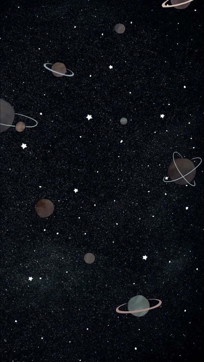 在黑暗的宇宙虛空中漂浮的行星，帶有環和星星。