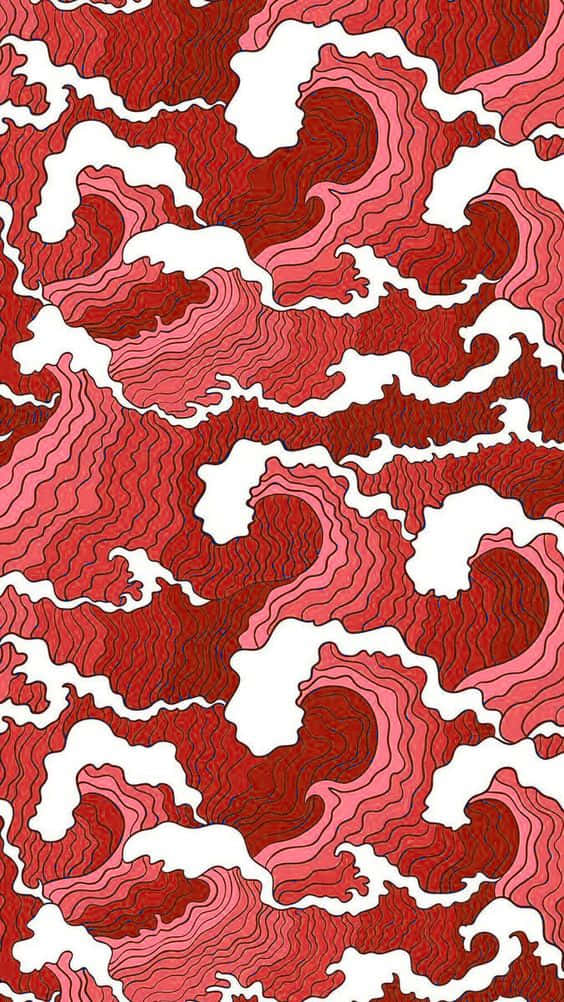 任何自拍的完美配件 壁紙 — 充滿活力的紅色和粉紅色抽象波浪，搭配白色負空間，創造出動態的地形圖案。