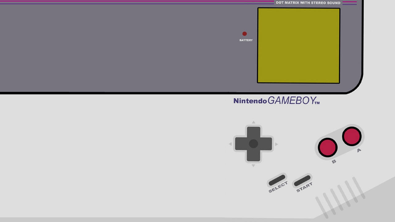 任天堂Game Boy拉伸藝術 壁紙 — 經典任天堂GameBoy的極簡插圖，灰色機身、黃色屏幕和紅色按鈕。