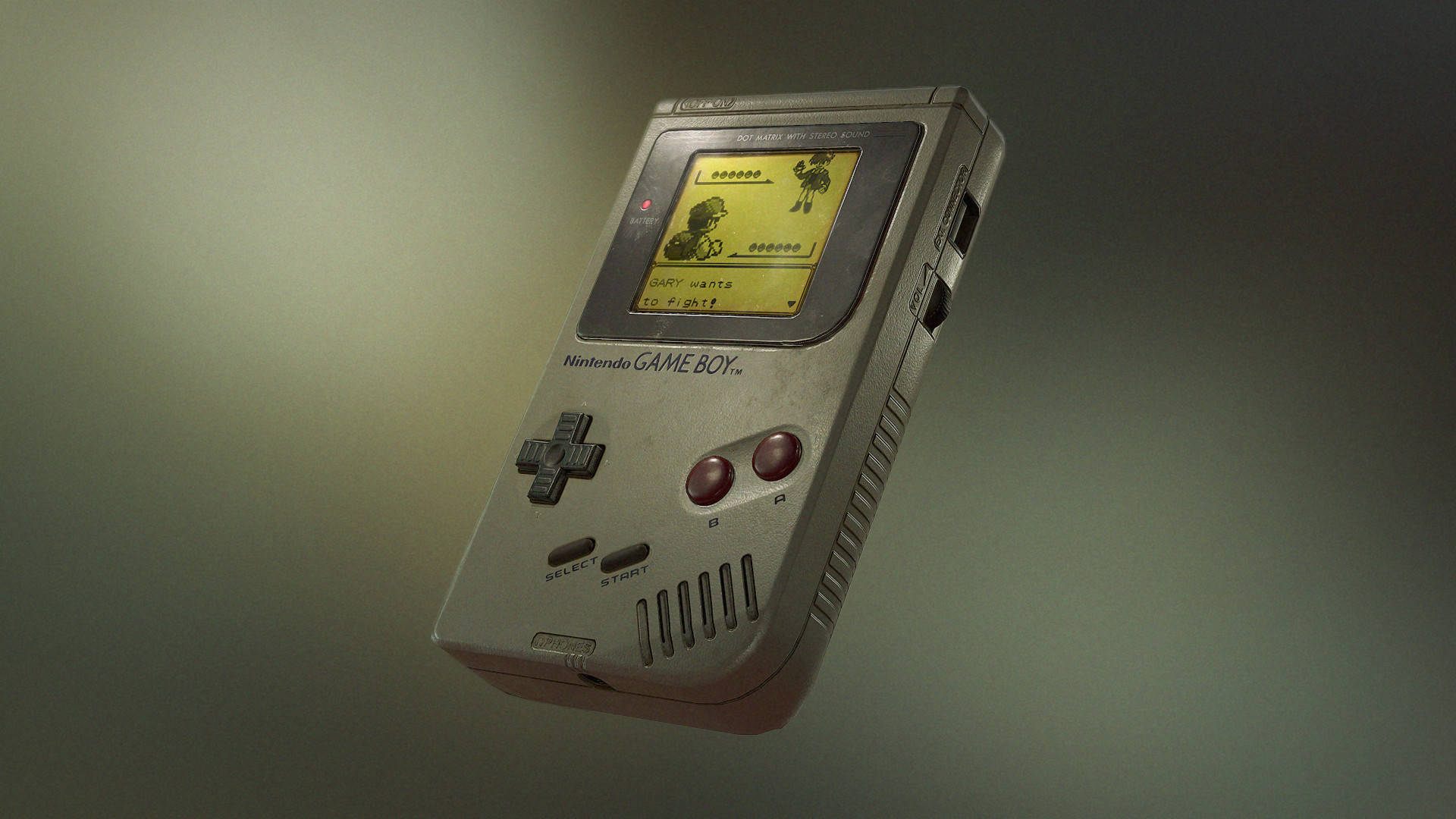 任天堂Game Boy玩寶可夢 壁紙 — 一部復古銀色Game Boy，帶有發光黃色屏幕顯示寶可夢對戰，漂浮在柔和漸變背景上。