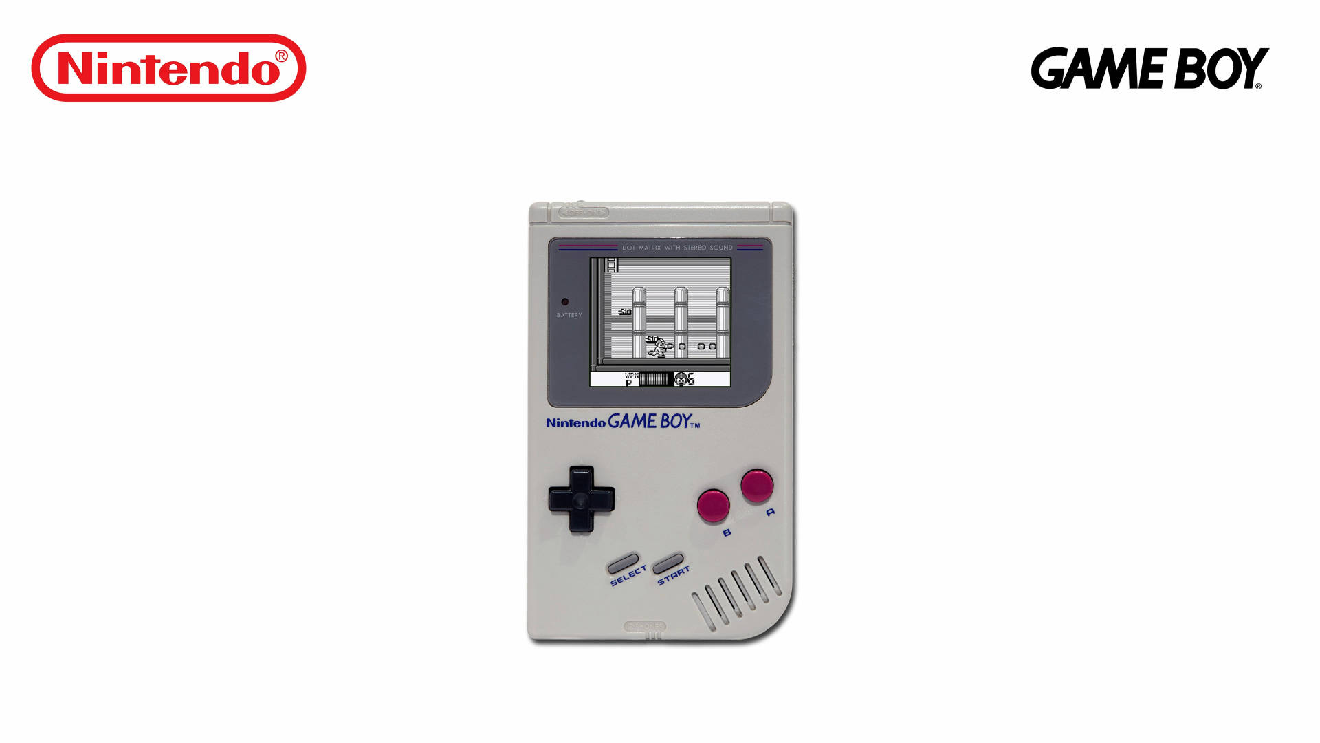 任天堂Game Boy玩洛克人 壁紙 — 經典白色任天堂Game Boy在純白背景上，於其單色屏幕顯示俄羅斯方塊遊戲。