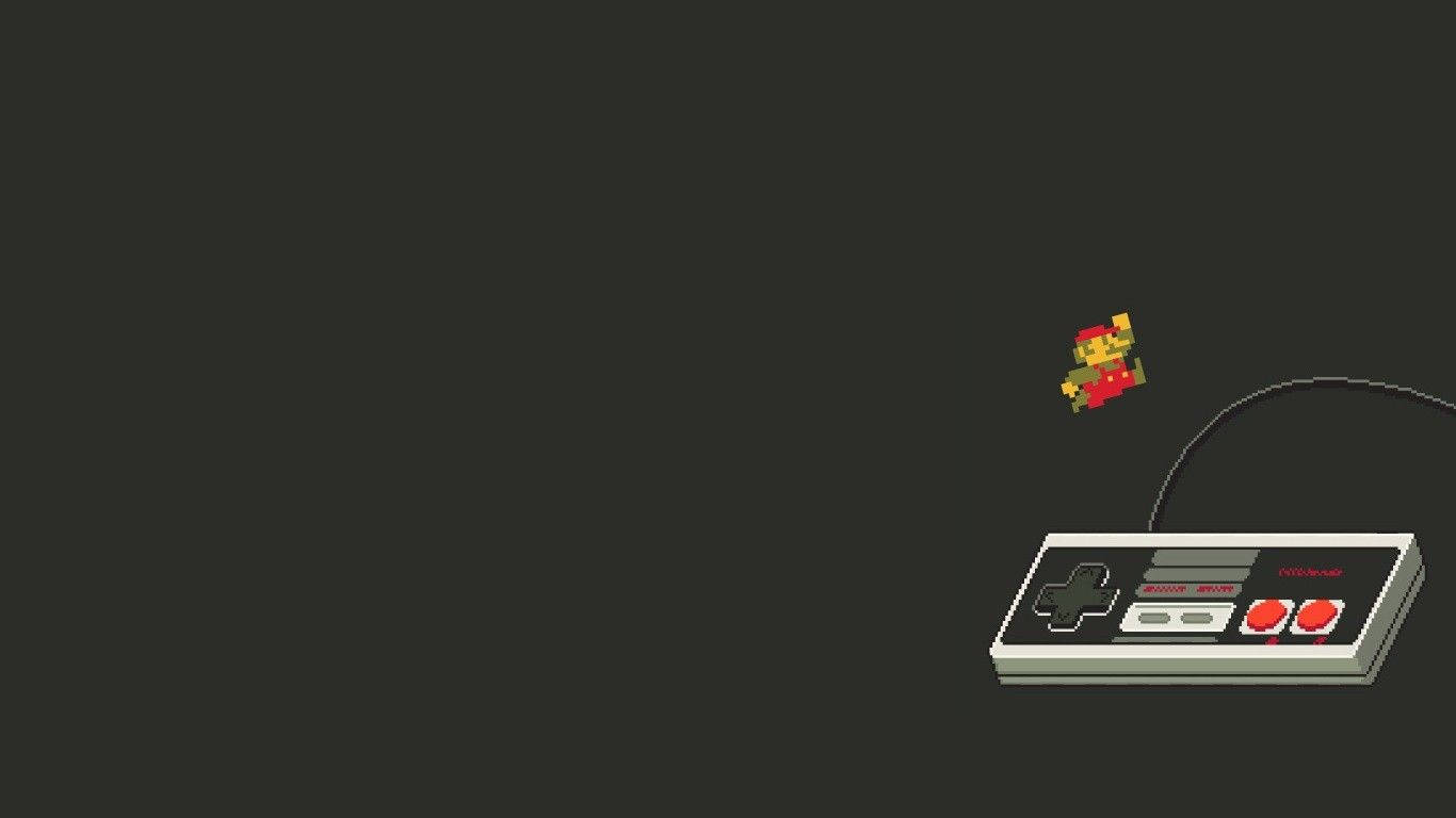 像素瑪利歐從 Nintendo Entertainment System 控制器上跳起。