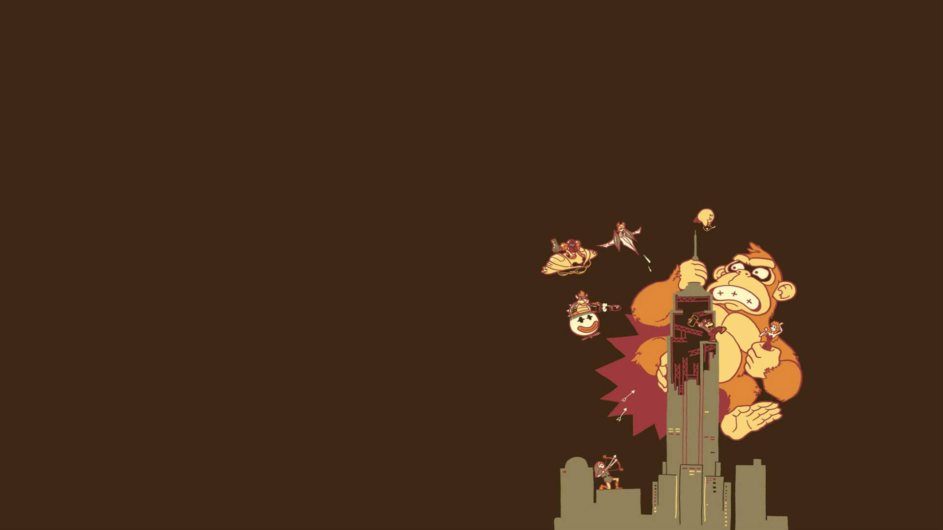 任天堂大金刚 1920 x 1080 簡約壁紙 壁紙 — 一隻卡通猴子爬上一座摩天大樓，而小角色在一個風格化的城市景觀中飛翔，背景為深棕色。