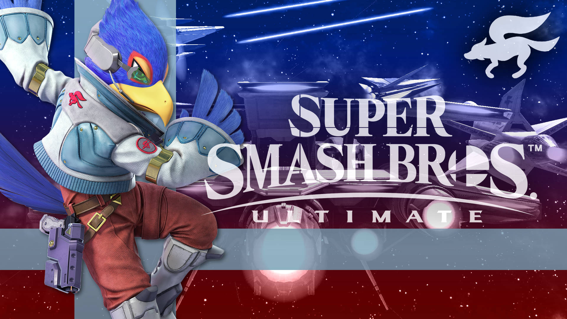 《任天堂明星大亂鬥 特別版》遊戲藝術中的 Falco Lombardi，背景為戰鬥機和星域。