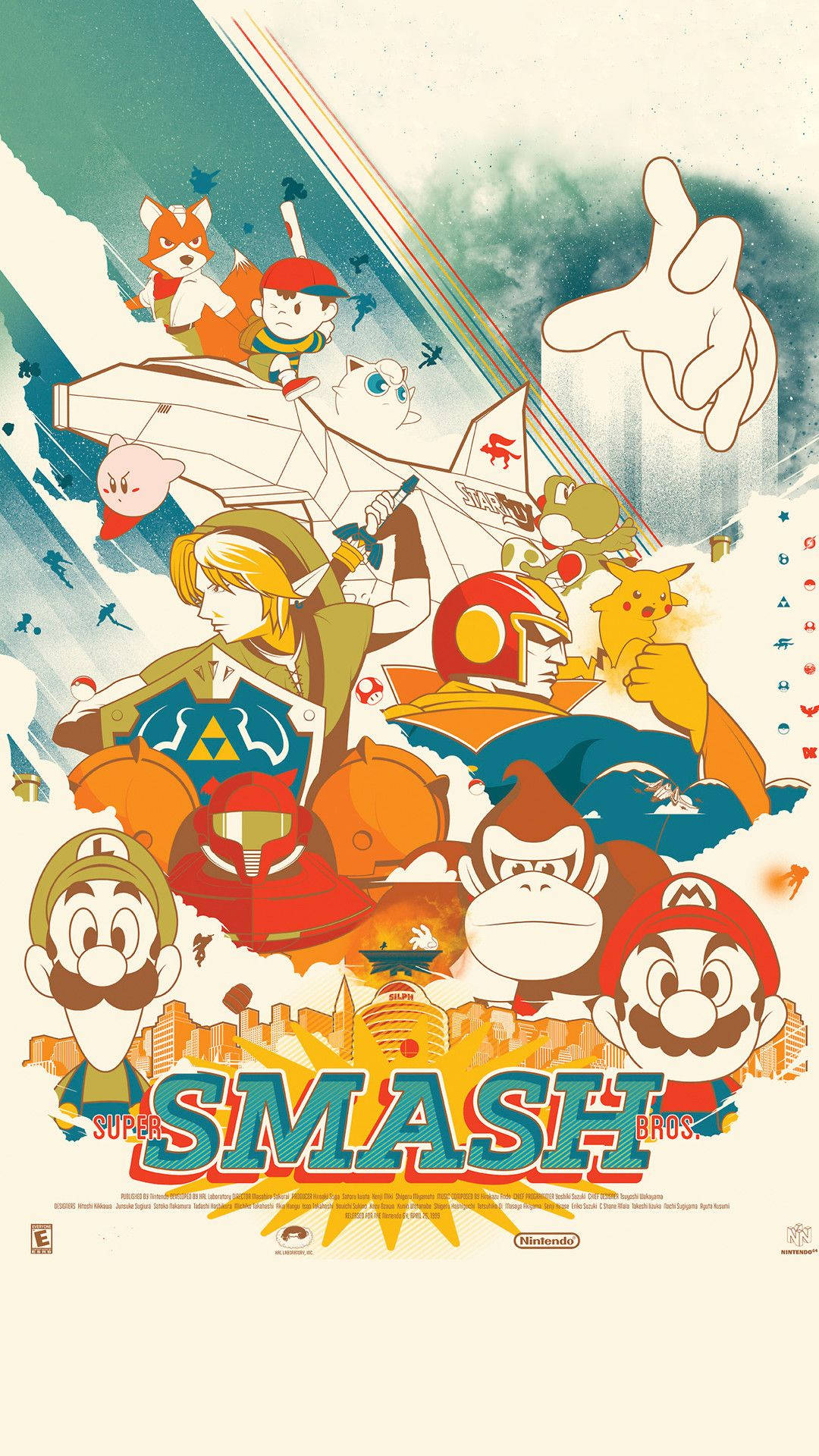 Super Smash Bros. 角色在動態復古動漫風格海報中。