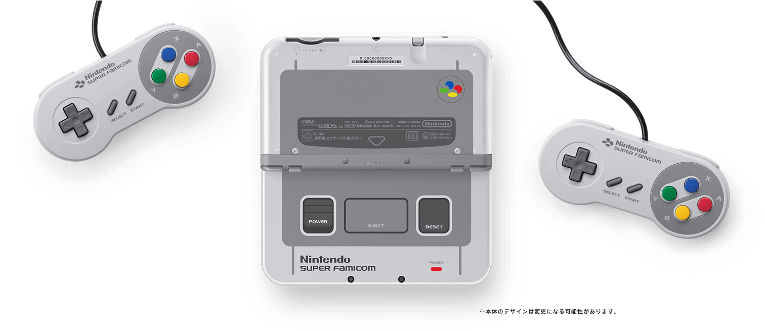 任天堂超級任天堂主機與控制器 壁紙 — 一部白色任天堂Super Famicom主機連同兩個手掣，在黑色背景上漂浮，帶有柔和白色光暈。
