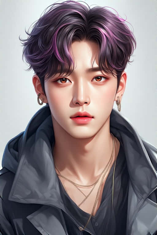 仿BTS風格寫實K-pop偶像肖像 壁紙 — 一位年輕男子擁有鮮豔的紫色和黑色頭髮，穿著深色外套和層疊的金色項鍊，背景為純色。